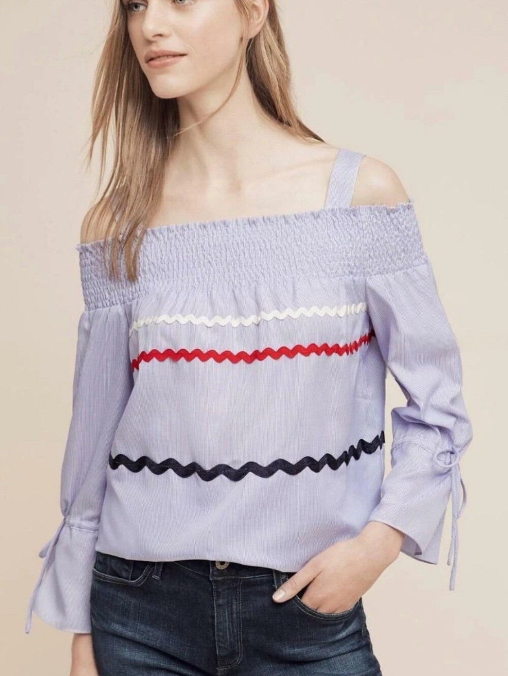 NWT Anthropologie × Maeve Smocked Pinstripe Off Shoulder Rickrack Trim Top XS